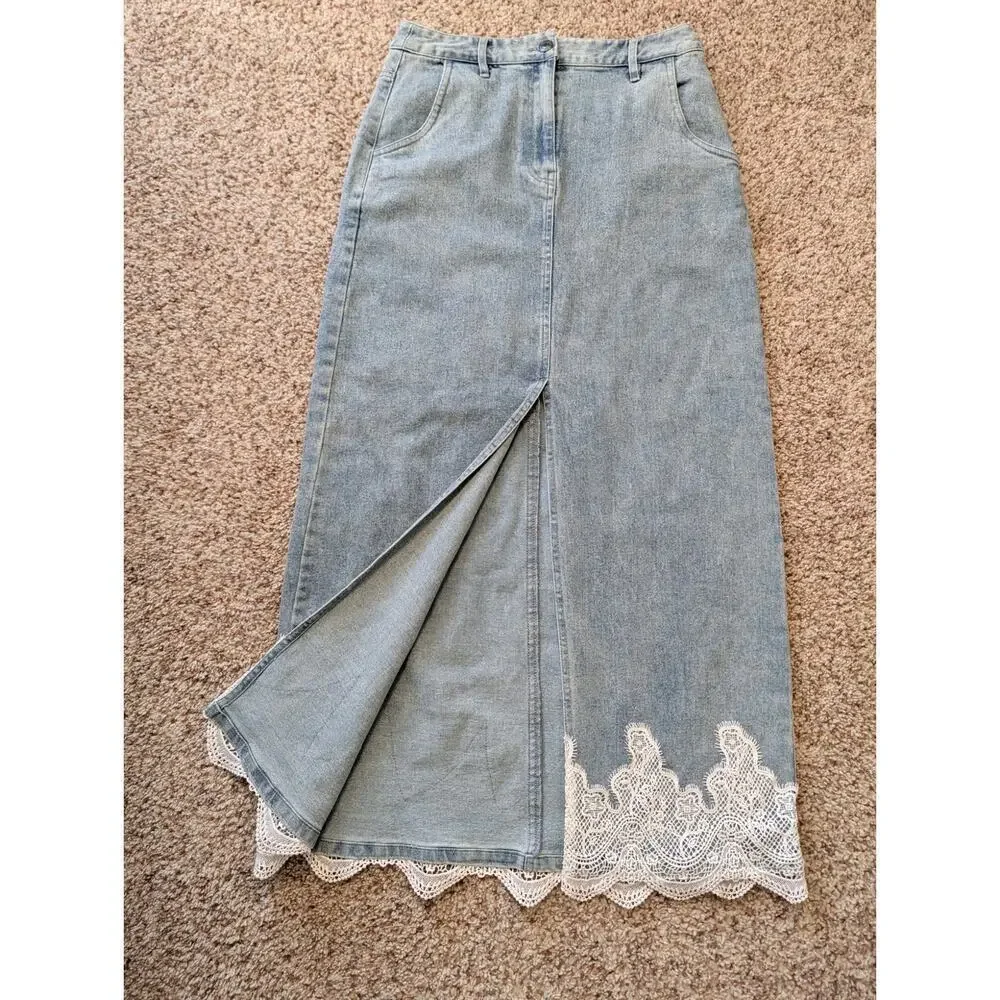 Strut & Bolt Lace Light Wash Denim Long skirt w/Lace Accents;  NWT
